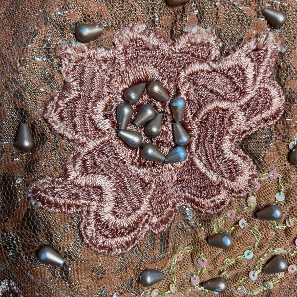 56% Silk Lace Beaded Jacket S Coldwater Creek Bronze Floral Metallic Button-up - Picture 16 of 16